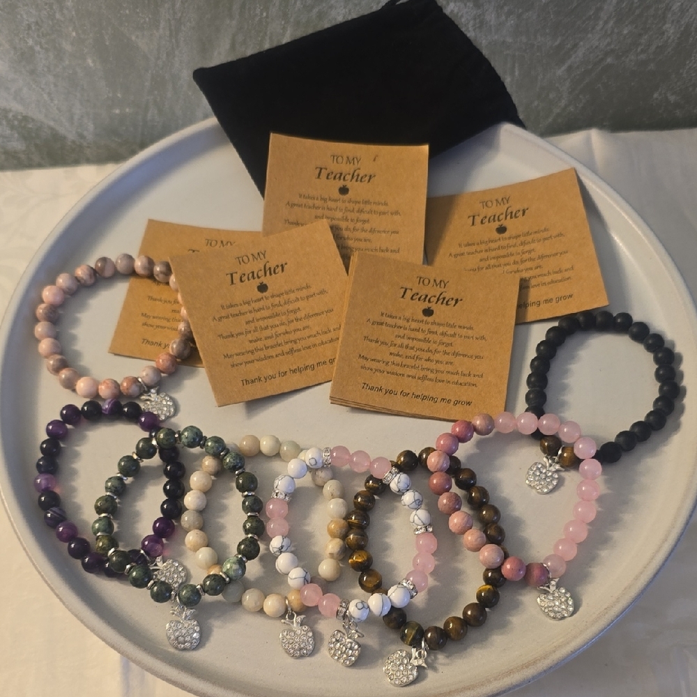 8 Teacher Appreciation Beaded Apple Charm Bracelets & Gift Cards New
